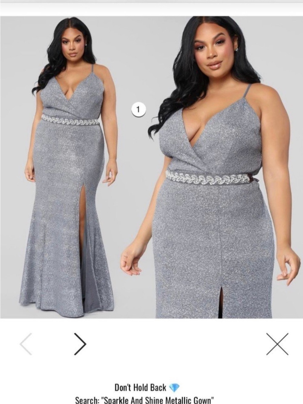 Fashion Nova Silver Metallic V-Neck Prom Gown